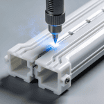 A close-up of a precision-machined plastic manifold being assembled using specialized welding techniques.